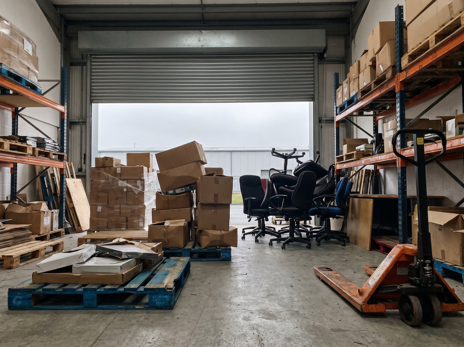 Industrial unit full of pallets, racking and stock, before