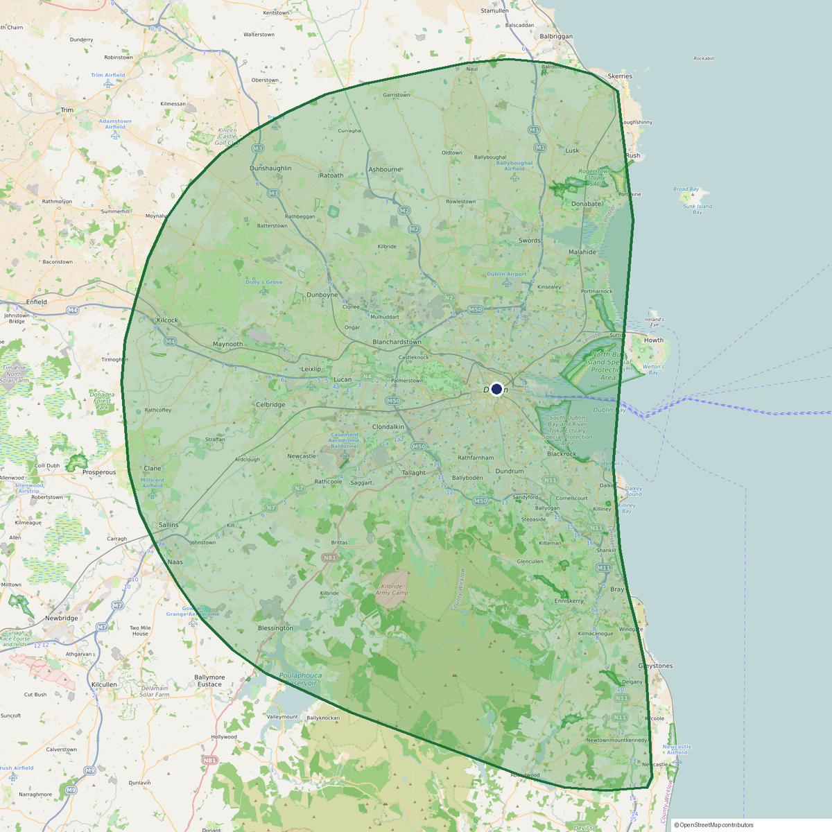Map of the service area: everywhere within about 20 km of the M50, shaded green