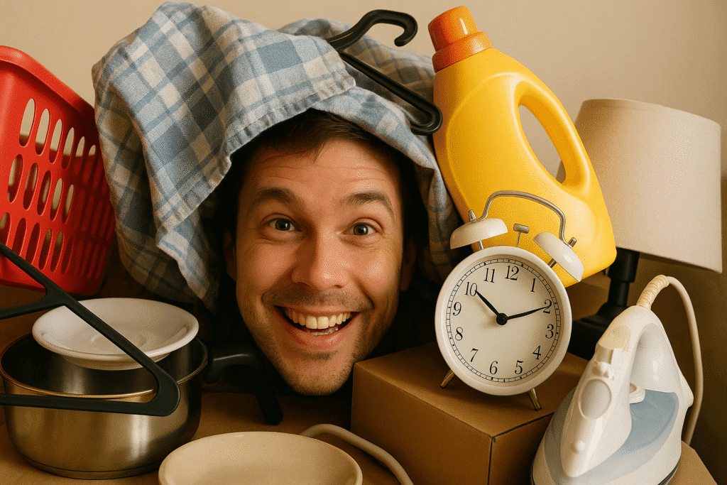 man hiding under junk